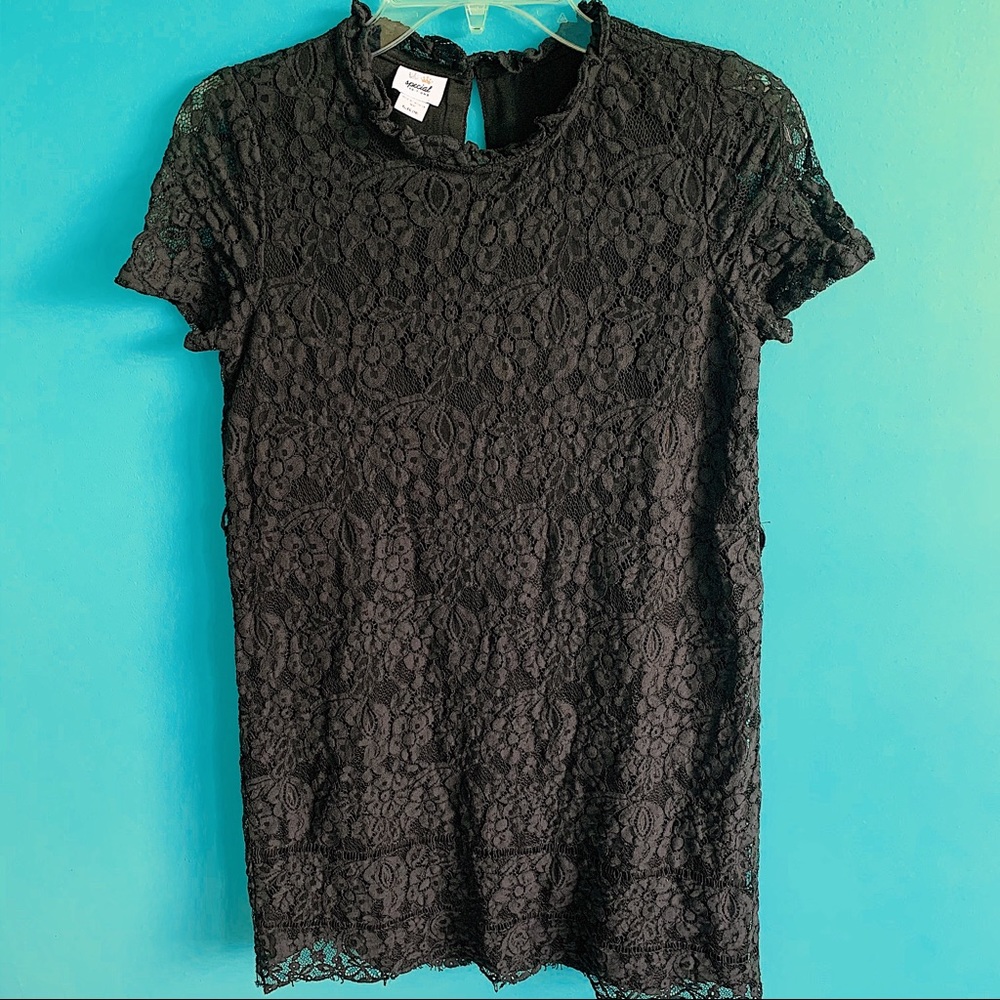 Short Sleeve Black Dress With Floral Lace Overlay
